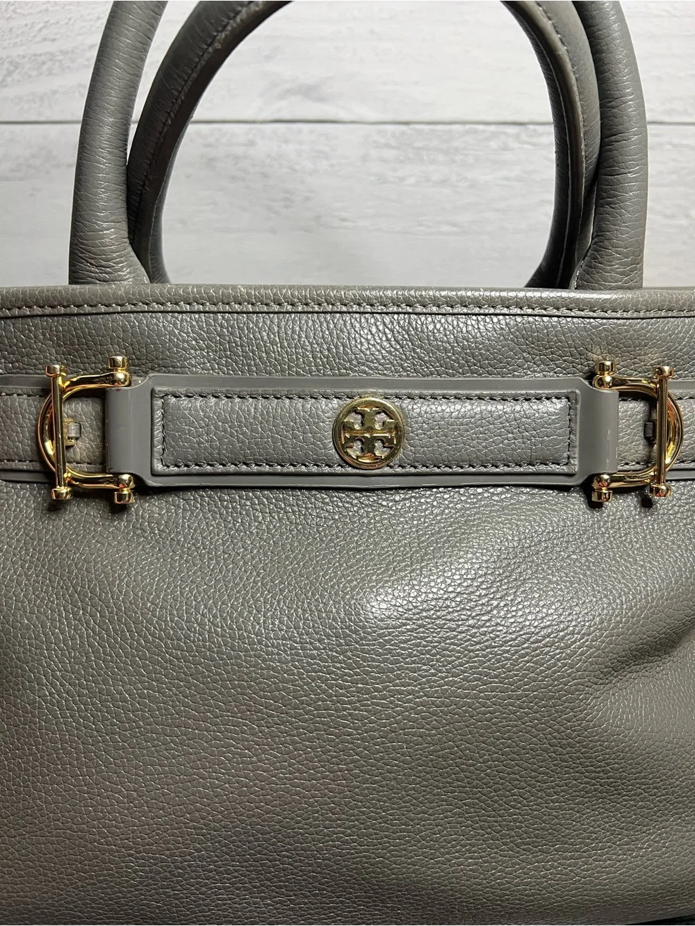 Tory Burch Gray Pebbled Leather Tote with Gold Horsebit Hardware